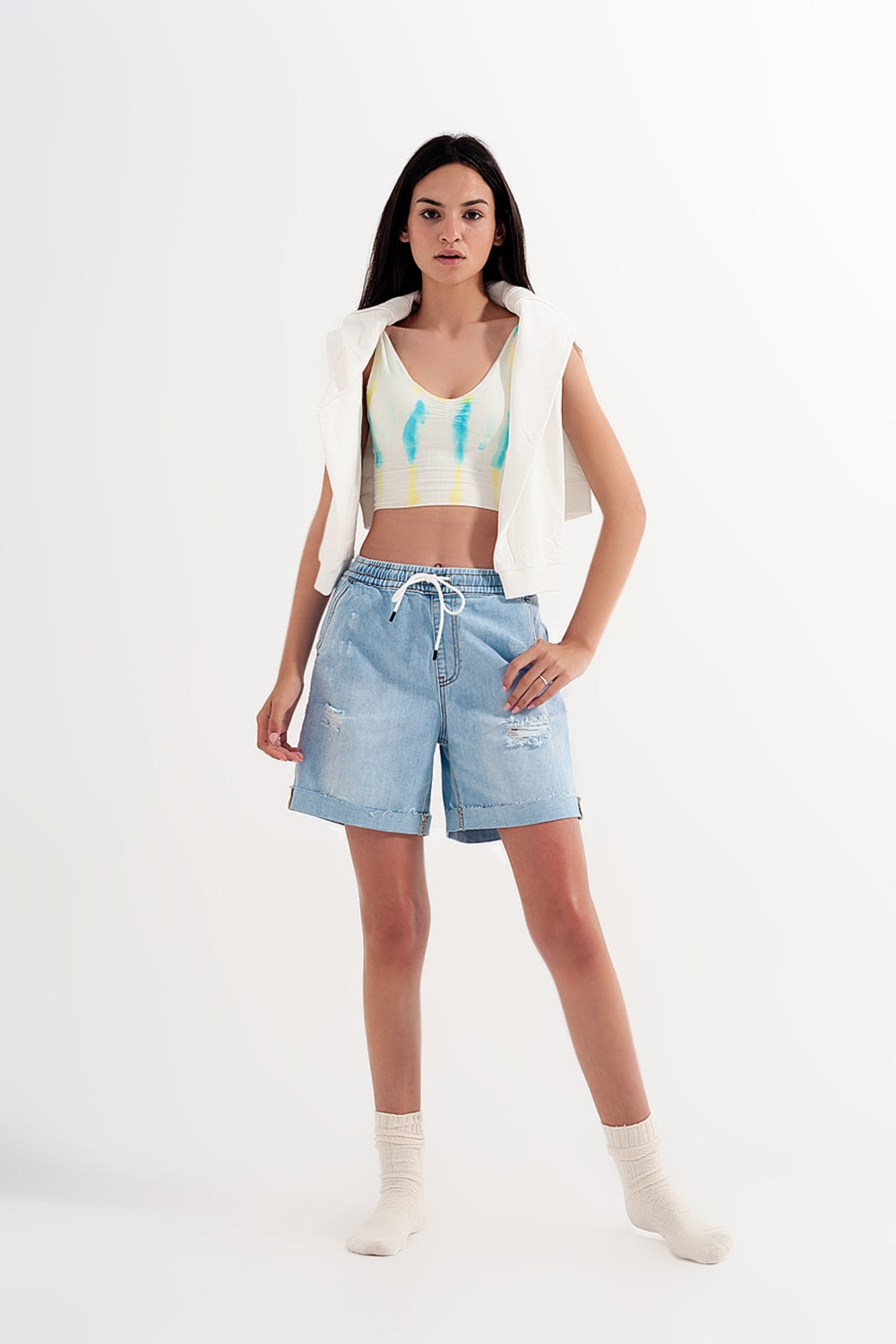 Denim shorts with elastic waist in wash blue Q2 Jeans BoutiqueLua