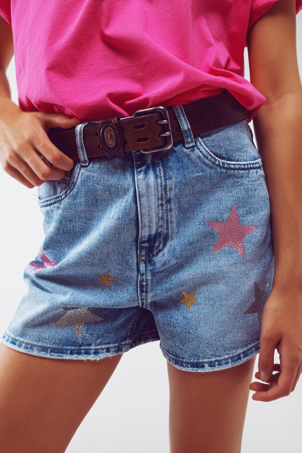 DenIm Shorts With Laminated Stars in Light Wash Q2 Jeans BoutiqueLua