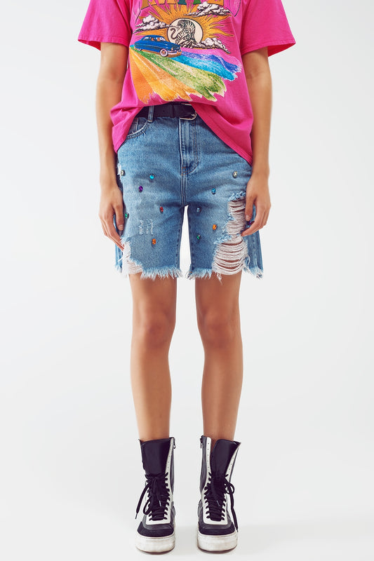 Distressed Embellished Bermuda Shorts in Light Wash - Shorts