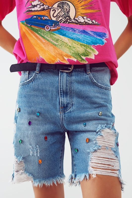 Distressed Embellished Bermuda Shorts in Light Wash - Shorts