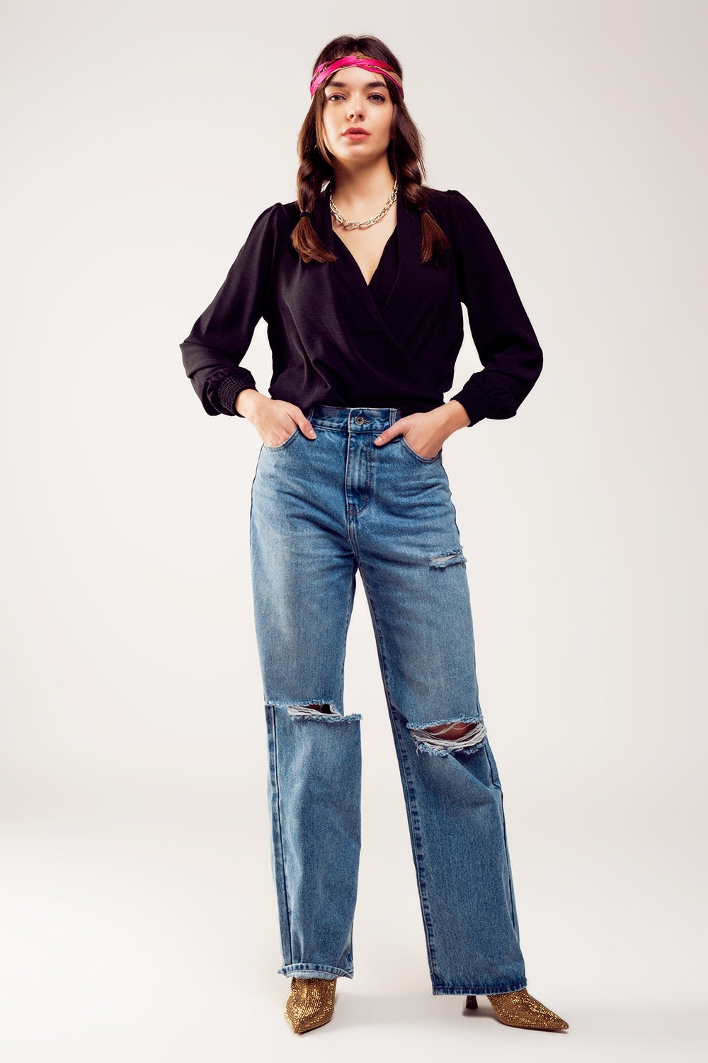 Distressed straight leg jean in medium denim Q2 Jeans BoutiqueLua
