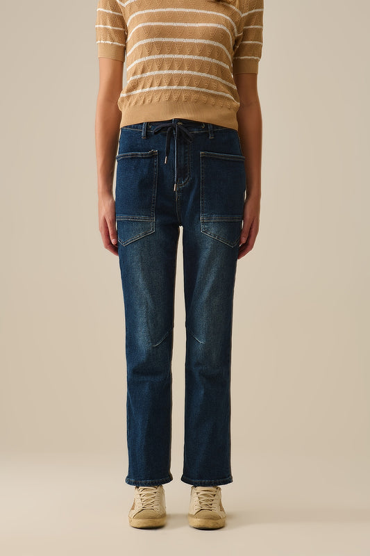 Drawstring Waist Wide-Leg Jeans in Dark wash - Jeans