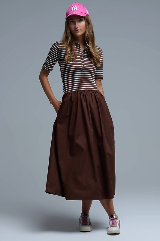 Dress With Polo Striped Top and Poplin midi Skirt in Brown - Dresses