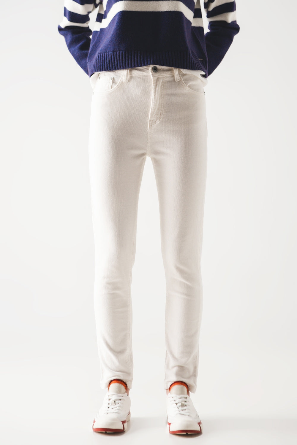Elastic Cotton skinny cord pants in cream - Trousers