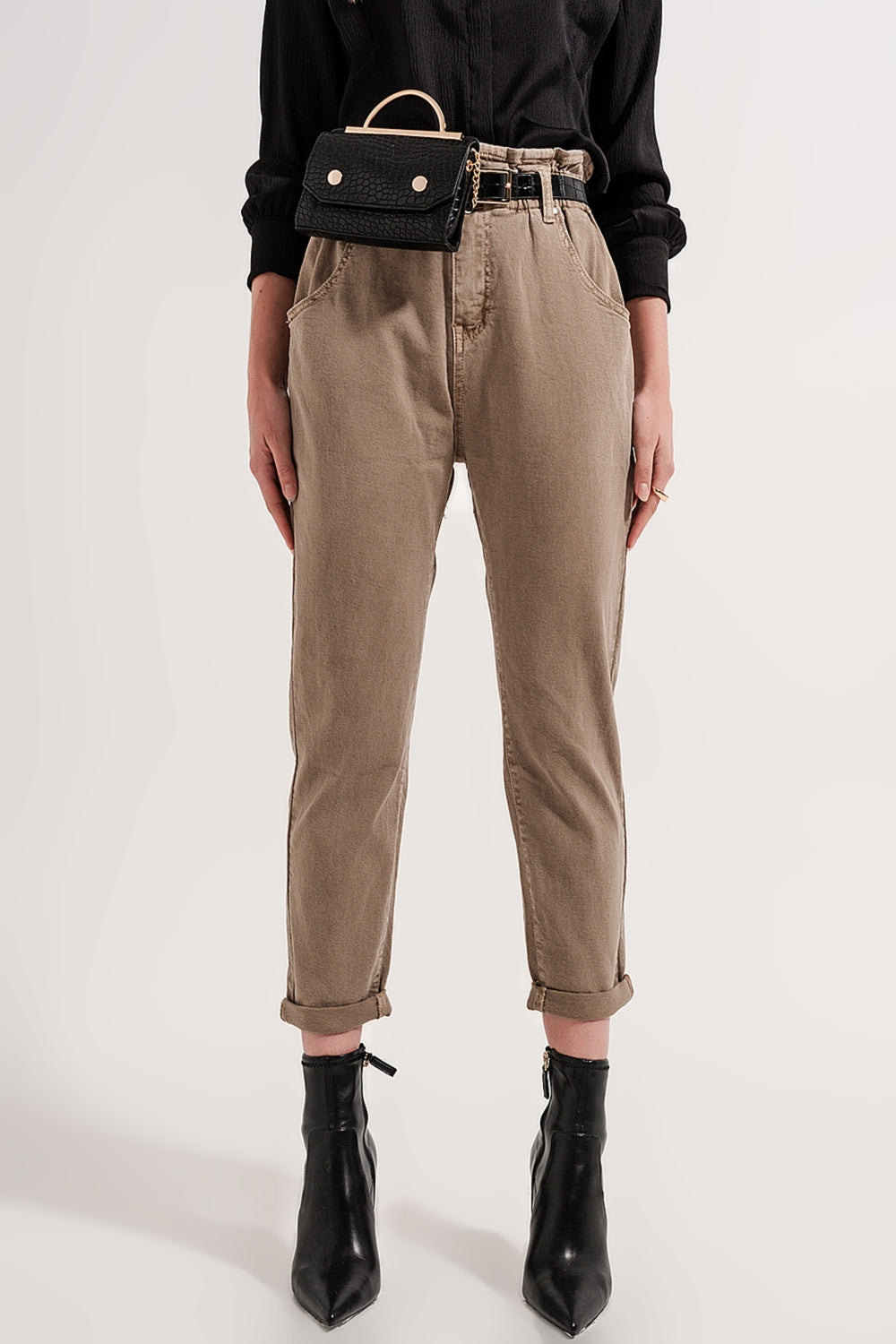 Elasticated paper bag waist jean in Beige Q2 Jeans BoutiqueLua