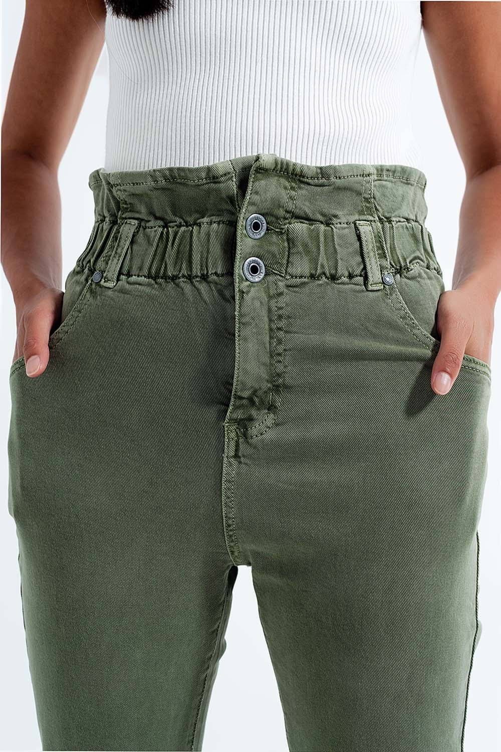 Elasticated paper bag waist mom jean in khaki Q2 Jeans BoutiqueLua