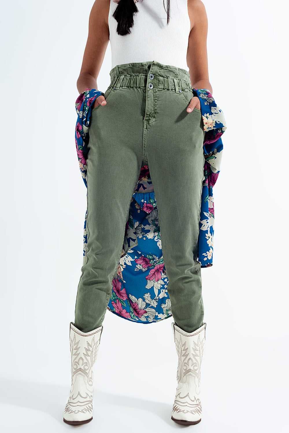 Elasticated paper bag waist mom jean in khaki Q2 Jeans BoutiqueLua