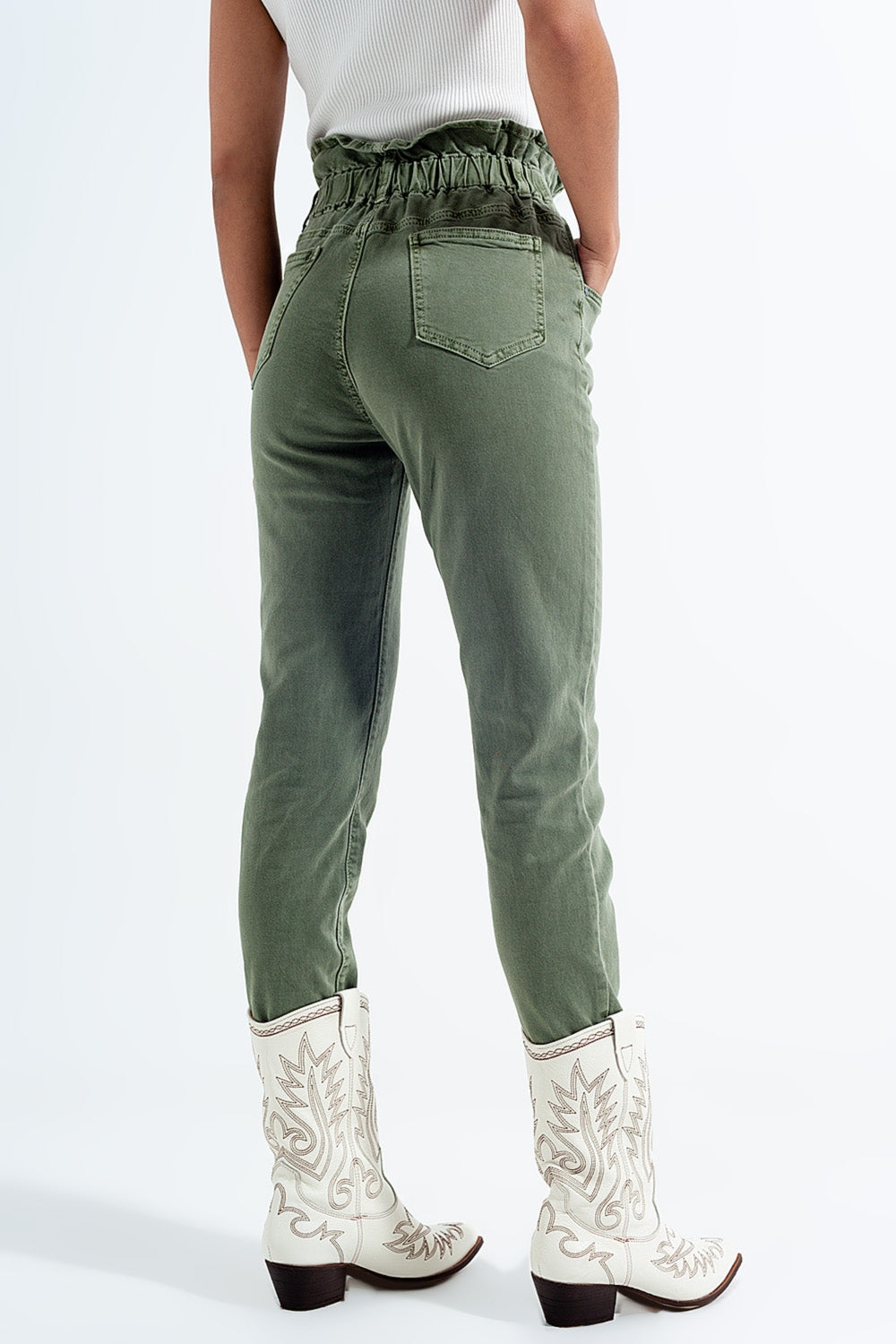 Elasticated paper bag waist mom jean in khaki Q2 Jeans BoutiqueLua