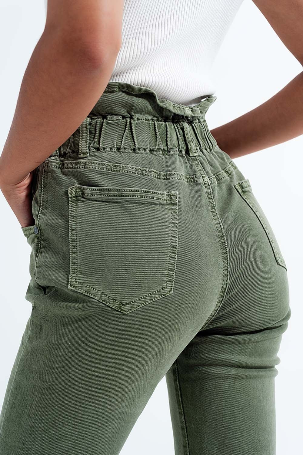 Elasticated paper bag waist mom jean in khaki Q2 Jeans BoutiqueLua