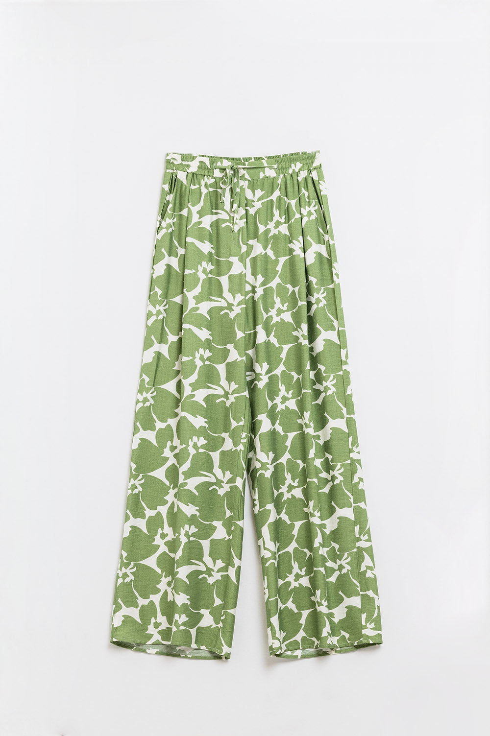 Elasticated Waist WIde Leg Pants With Green Floral Print - Trousers
