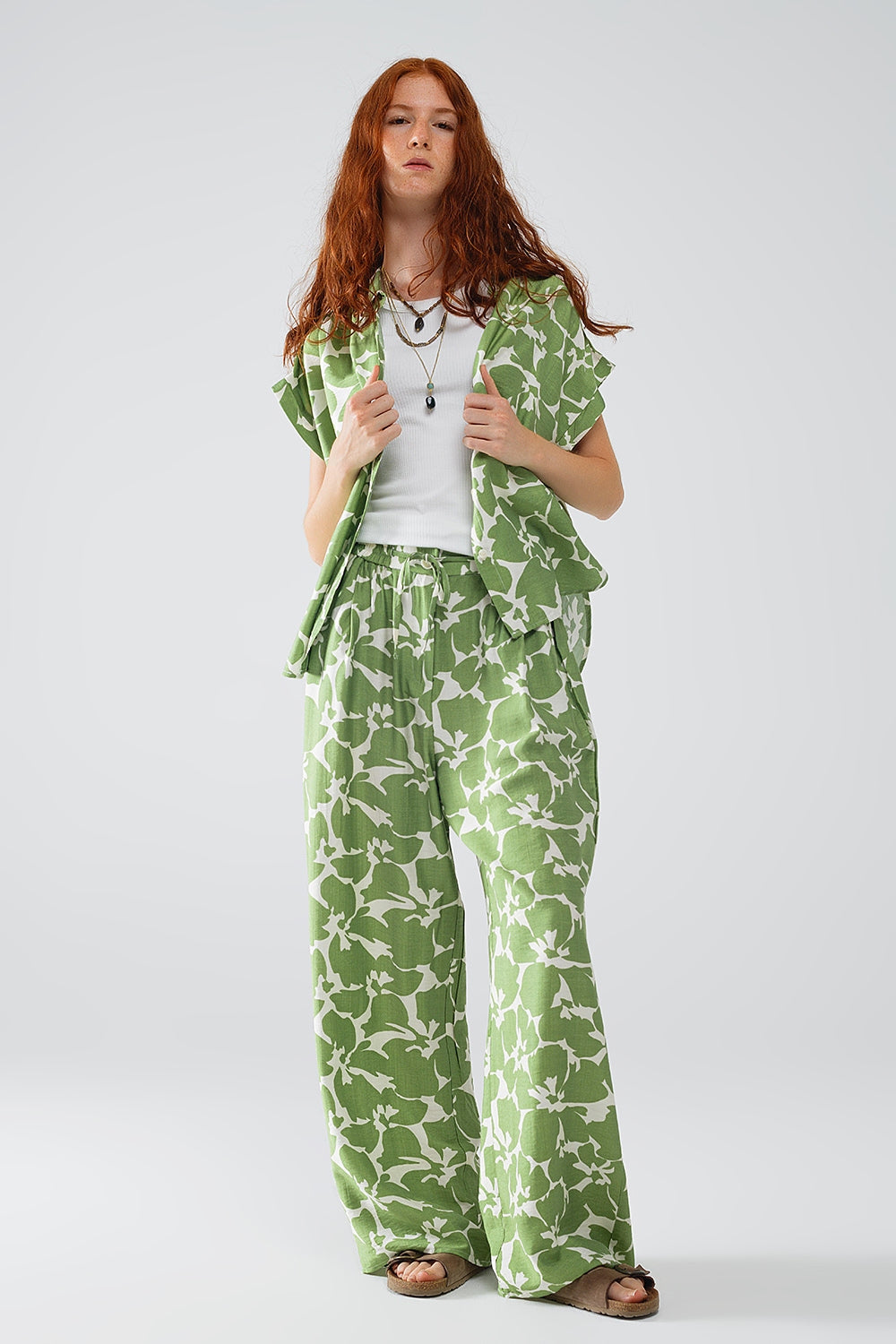 Elasticated Waist WIde Leg Pants With Green Floral Print - Trousers
