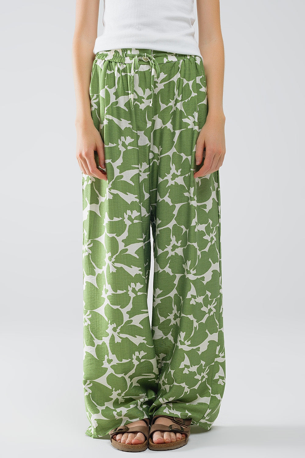 Elasticated Waist WIde Leg Pants With Green Floral Print - Trousers