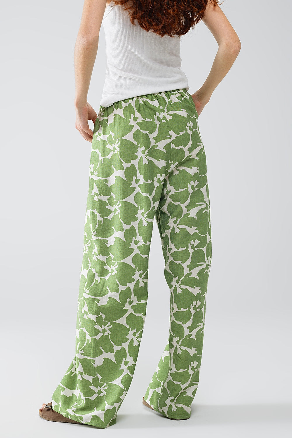 Elasticated Waist WIde Leg Pants With Green Floral Print - Trousers