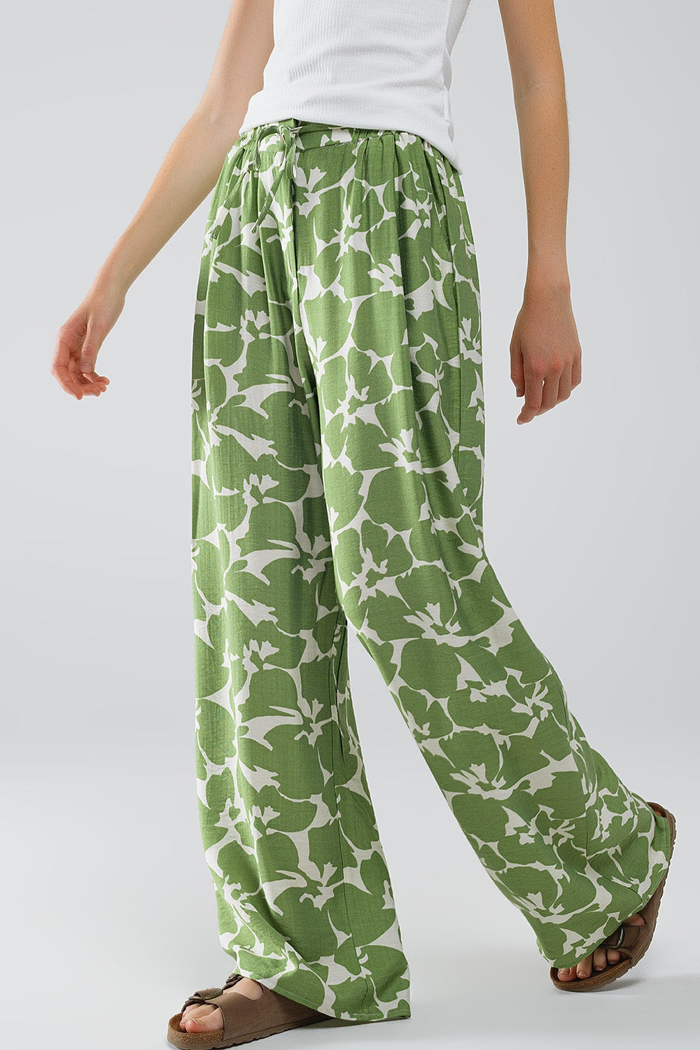 Elasticated Waist WIde Leg Pants With Green Floral Print - Trousers