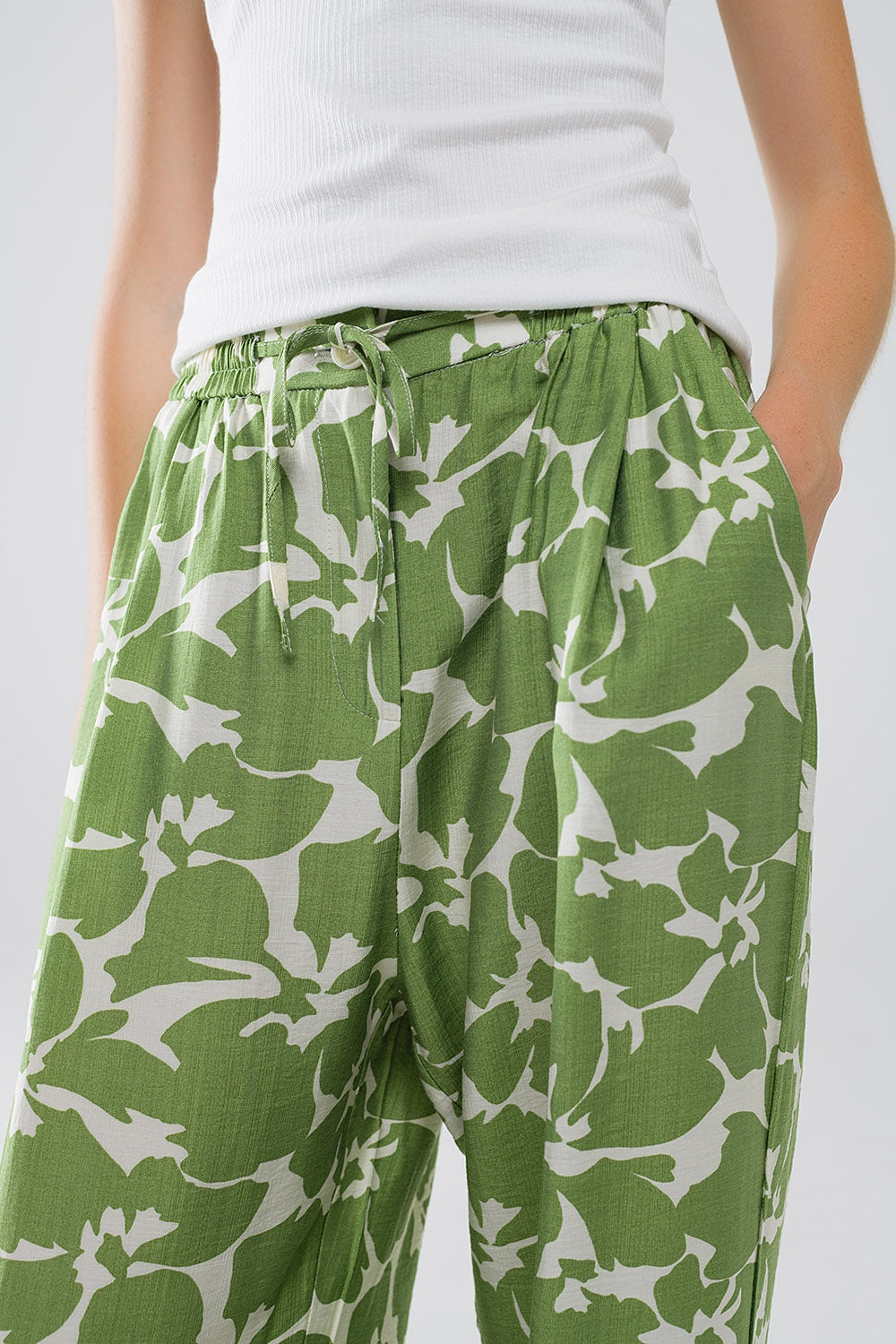 Elasticated Waist WIde Leg Pants With Green Floral Print - Trousers
