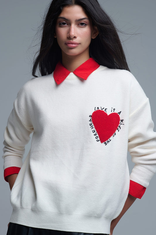Embroidered Heart knitted Sweatshirt With Text in Cream - Sweaters