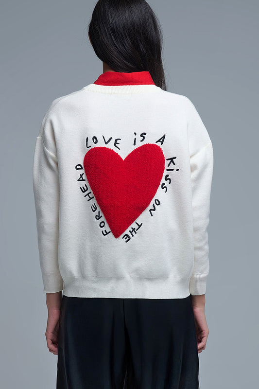 Embroidered Heart knitted Sweatshirt With Text in Cream - Sweaters