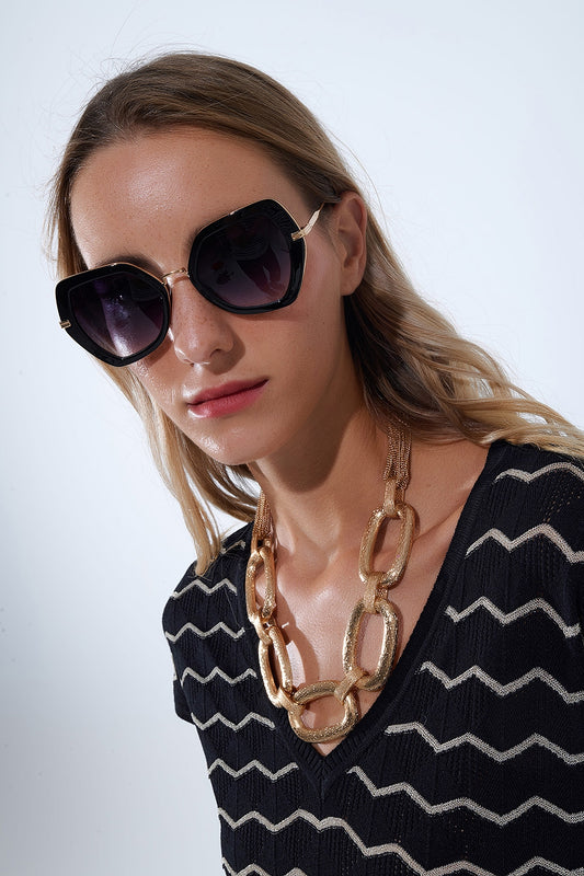 Extra Large Hexagonal Cat Eye Sunglasses in Black -