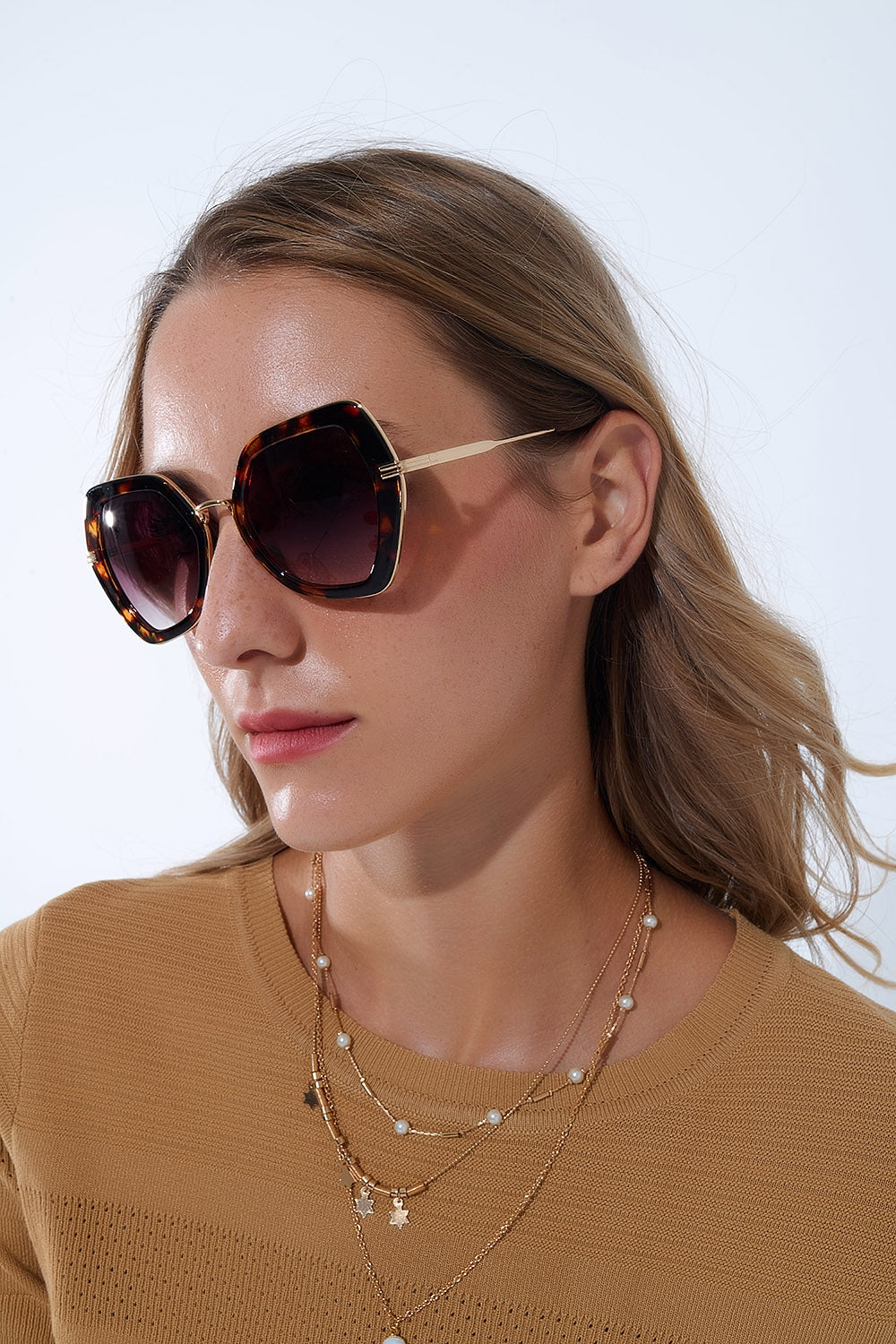 Extra Large Hexagonal Cat Eye Sunglasses in Tortoiseshell -