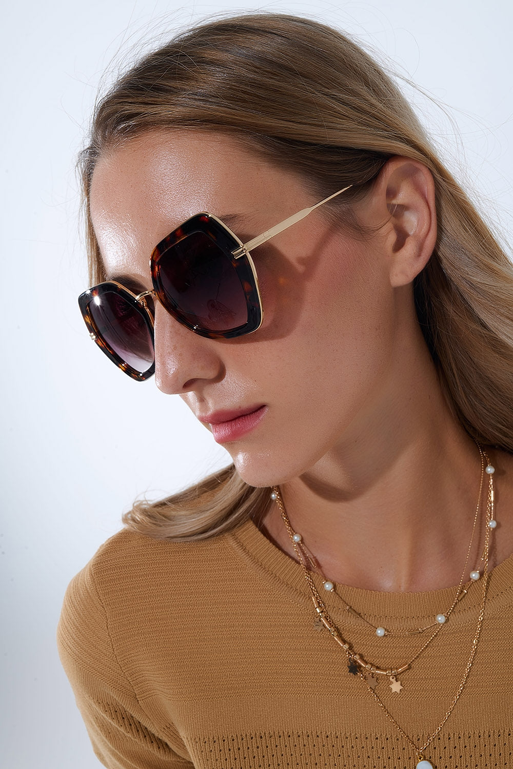 Extra Large Hexagonal Cat Eye Sunglasses in Tortoiseshell -