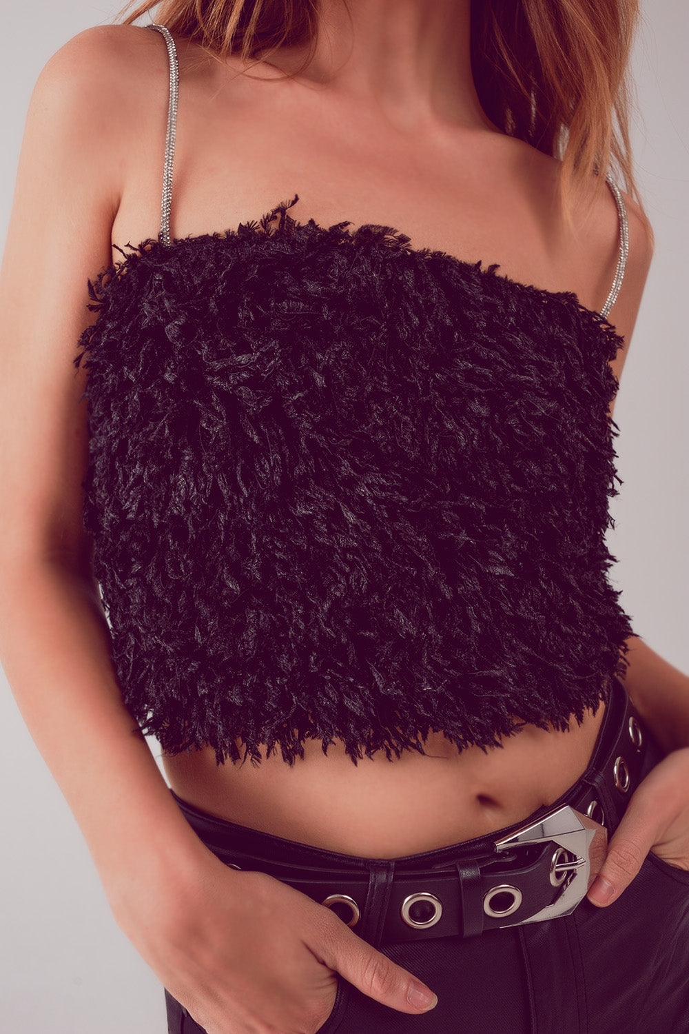 Faux feather crop cami in black Q2 Tops BoutiqueLua
