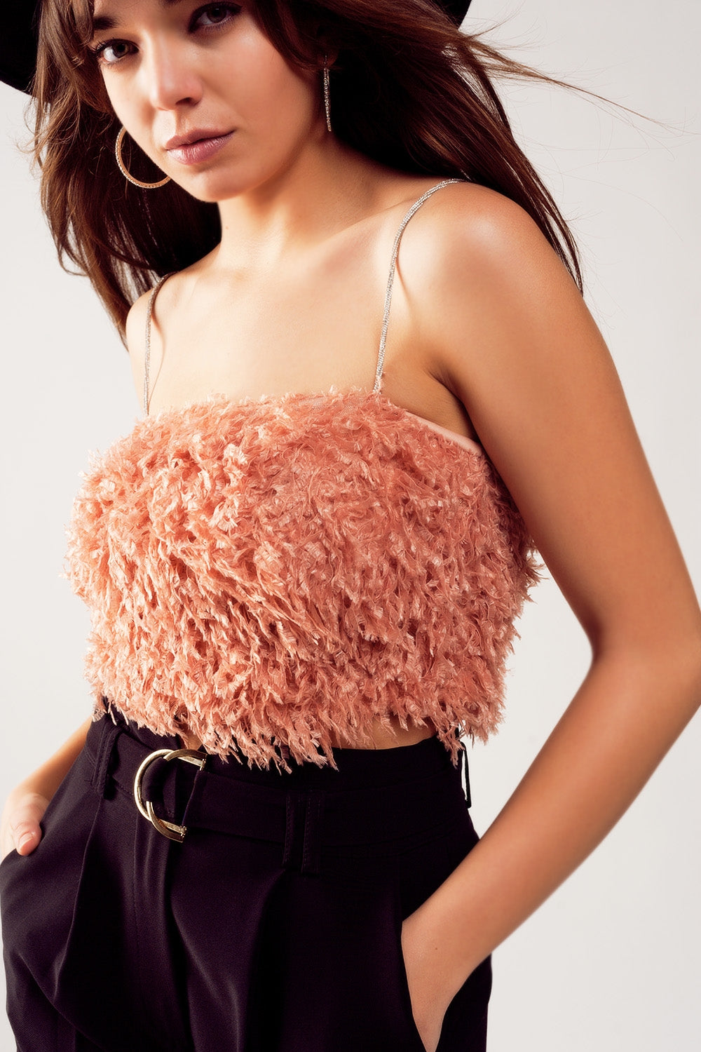 Faux feather crop cami in pink Q2 Tops BoutiqueLua
