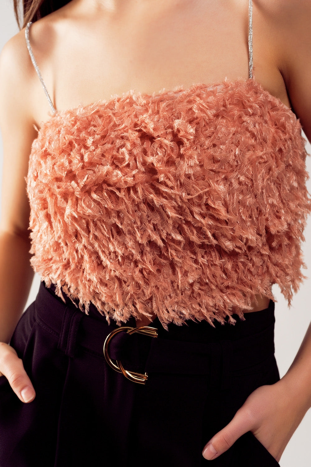 Faux feather crop cami in pink Q2 Tops BoutiqueLua