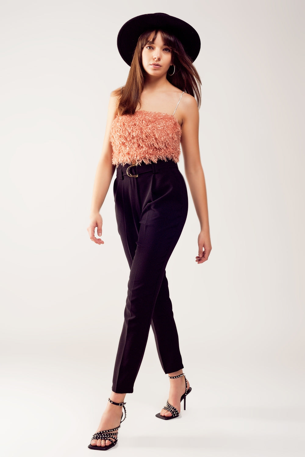 Faux feather crop cami in pink Q2 Tops BoutiqueLua