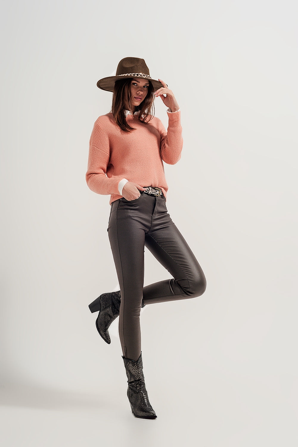 Faux leather high waisted split zip hem pants in khaki - Trousers