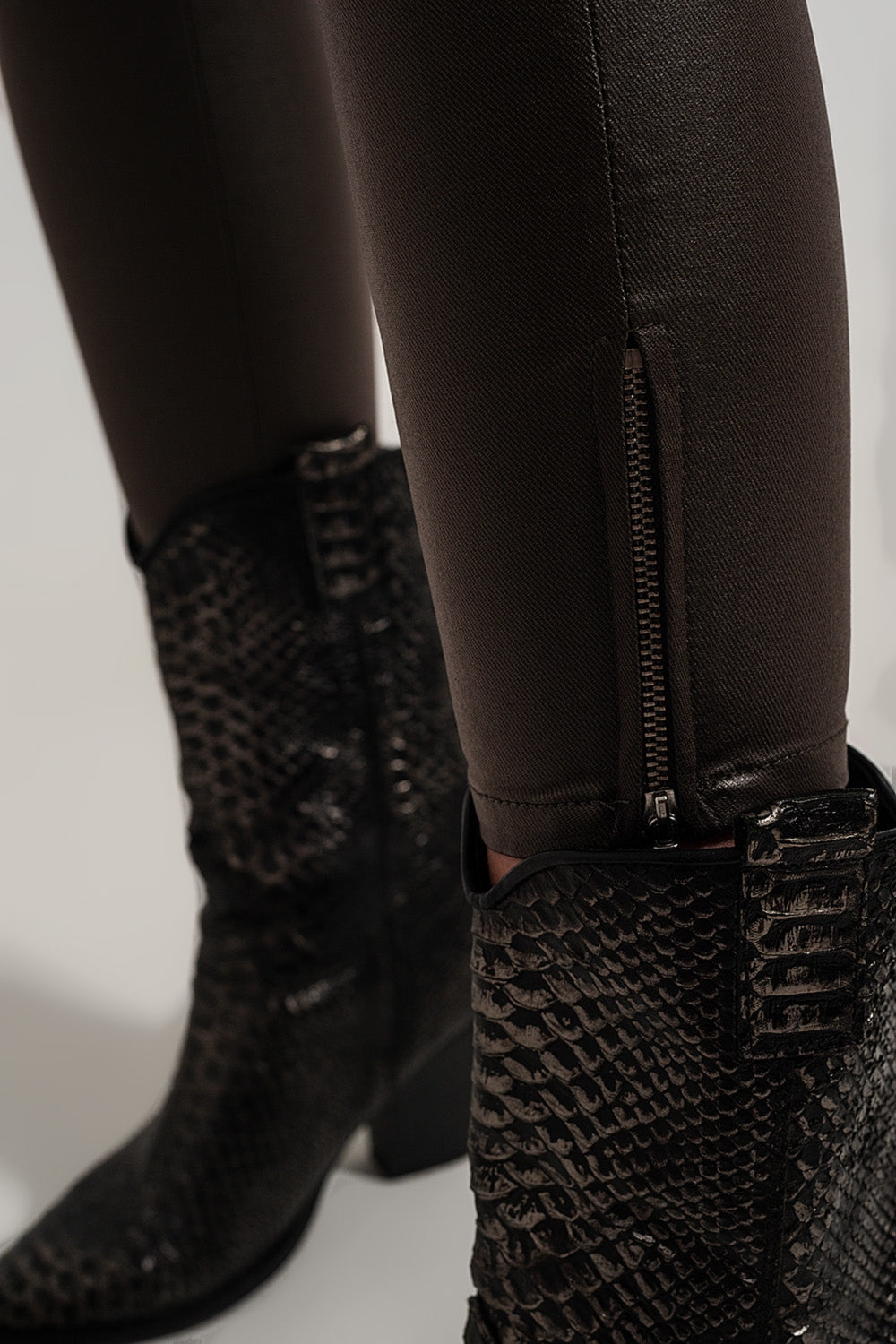 Faux leather high waisted split zip hem pants in khaki - Trousers