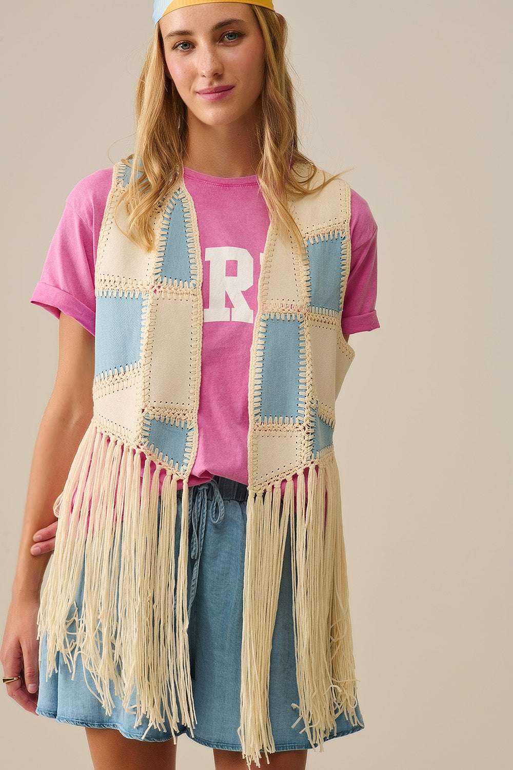 Faux leather vest with patchwork and fringe detail - Coats and Jackets