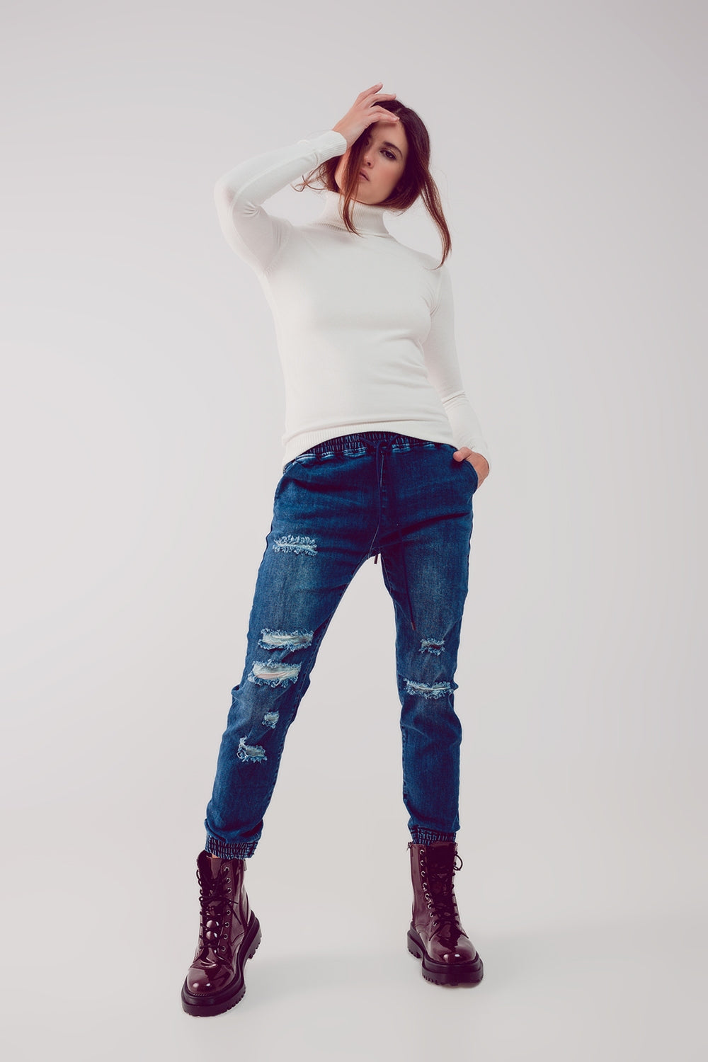 Fine knit high neck jumper in cream Q2 Sweaters BoutiqueLua