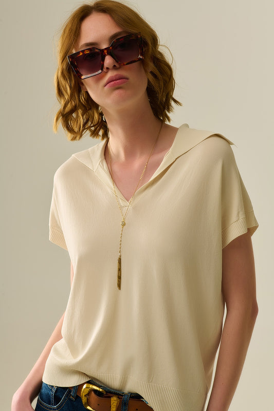 fine knit polo shirt in beige with short sleeves - Polos