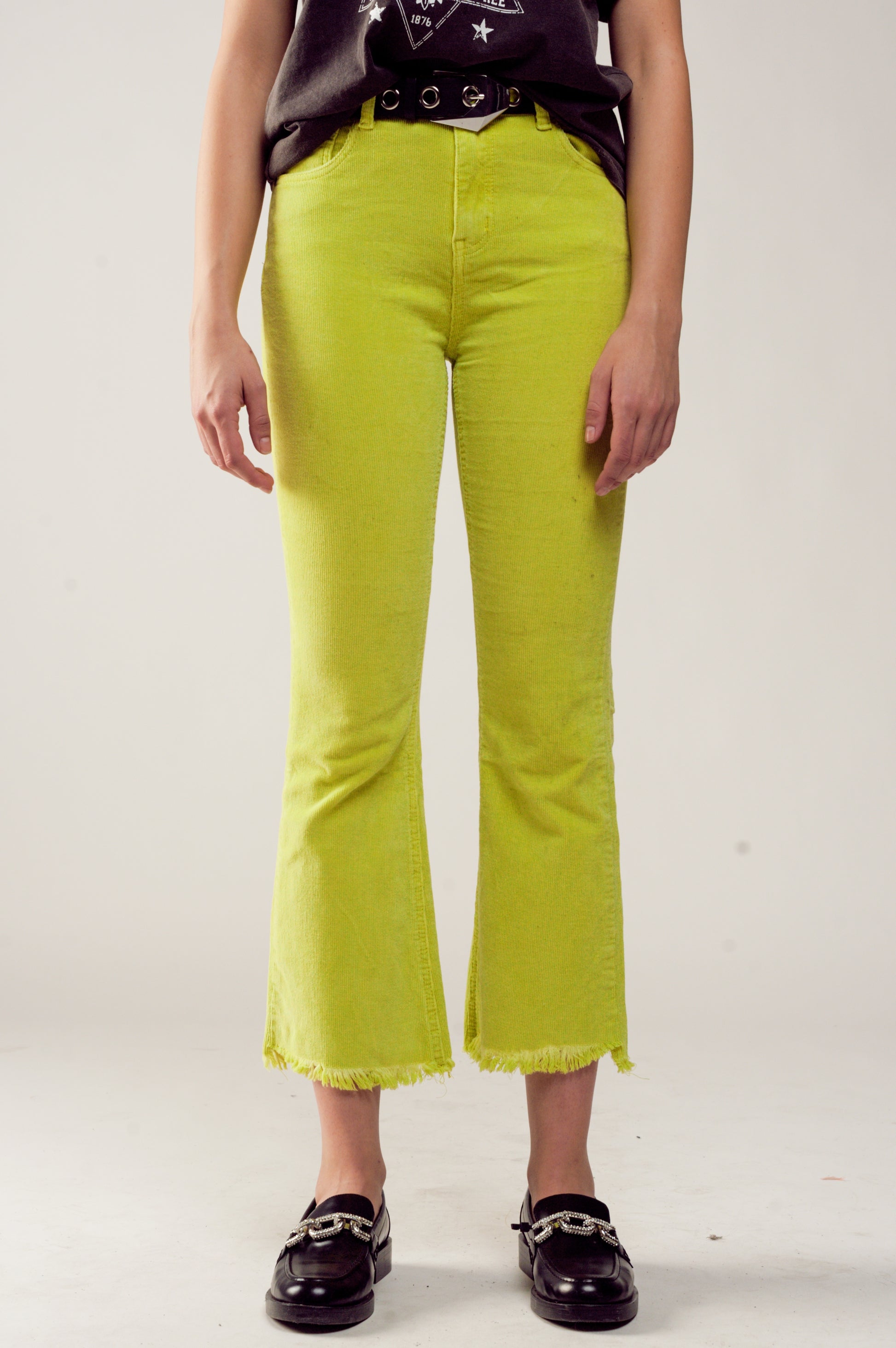 Flare corduroy pants in lime green Q2 Jeans BoutiqueLua