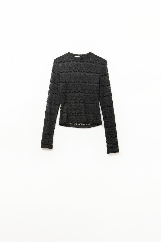 Floral Lace Top With Crew Nech in Black - Tops