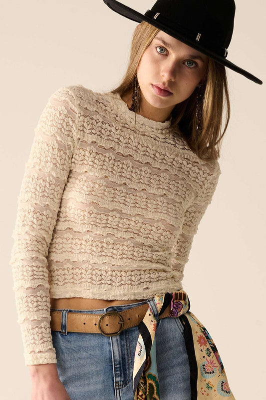 Floral Lace Top With Crew Neck in Cream - Tops