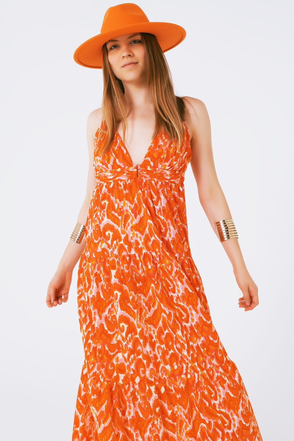 Floral Print Maxi Dress with V neck in orange Q2 Dresses BoutiqueLua