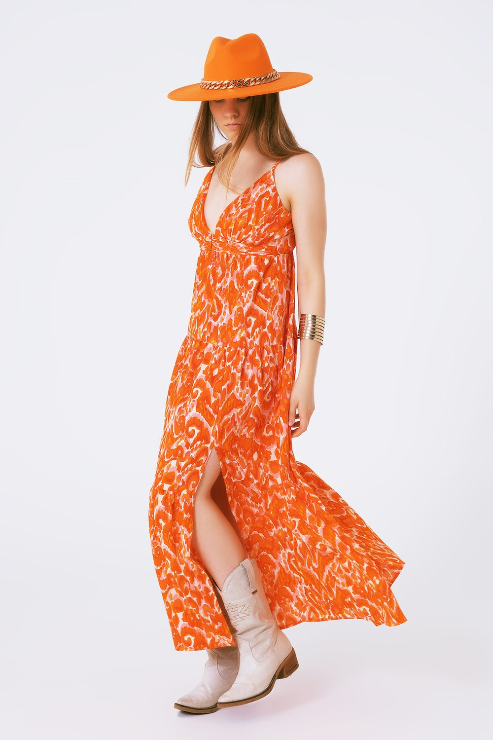Floral Print Maxi Dress with V neck in orange Q2 Dresses BoutiqueLua