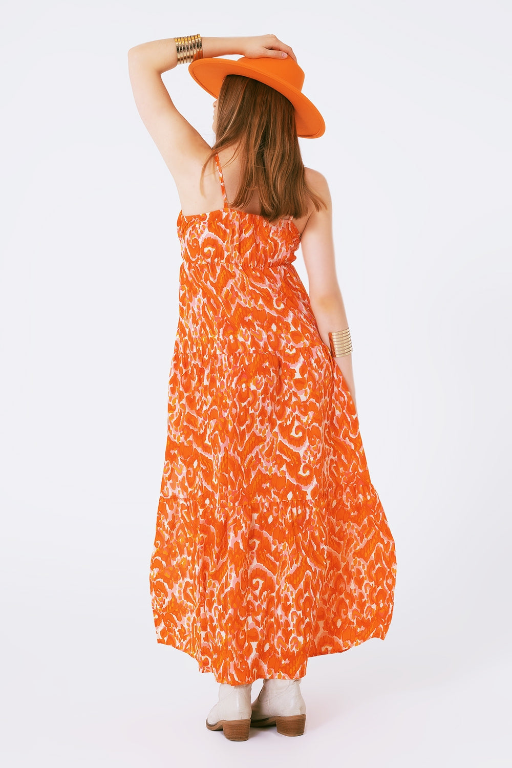 Floral Print Maxi Dress with V neck in orange Q2 Dresses BoutiqueLua