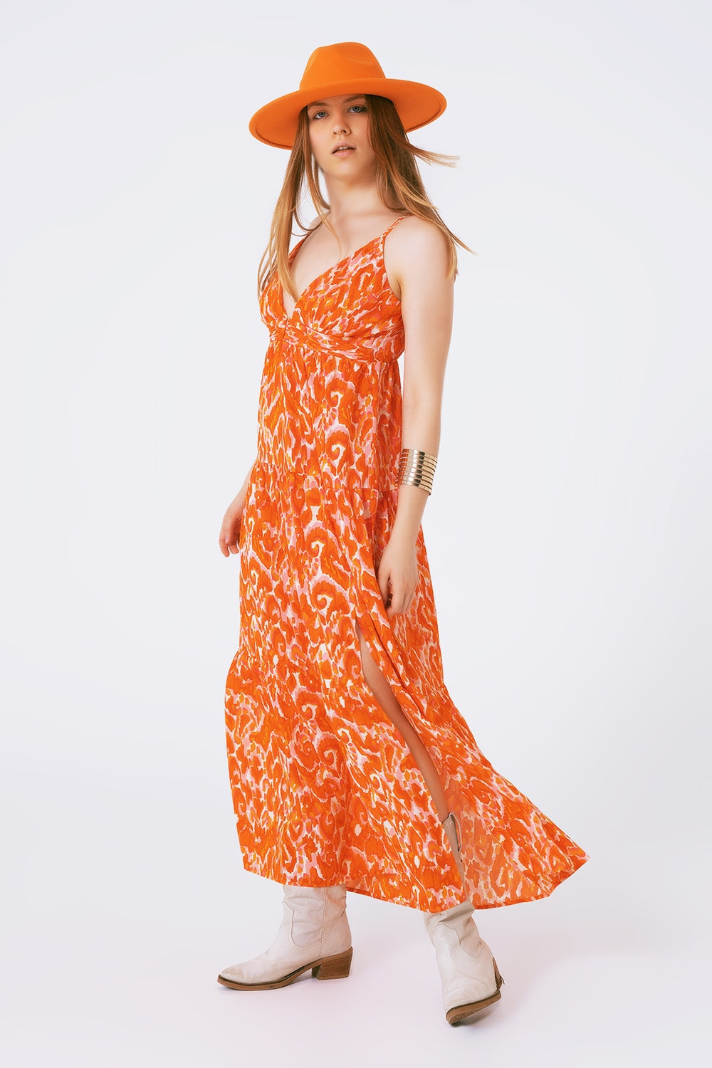 Floral Print Maxi Dress with V neck in orange Q2 Dresses BoutiqueLua