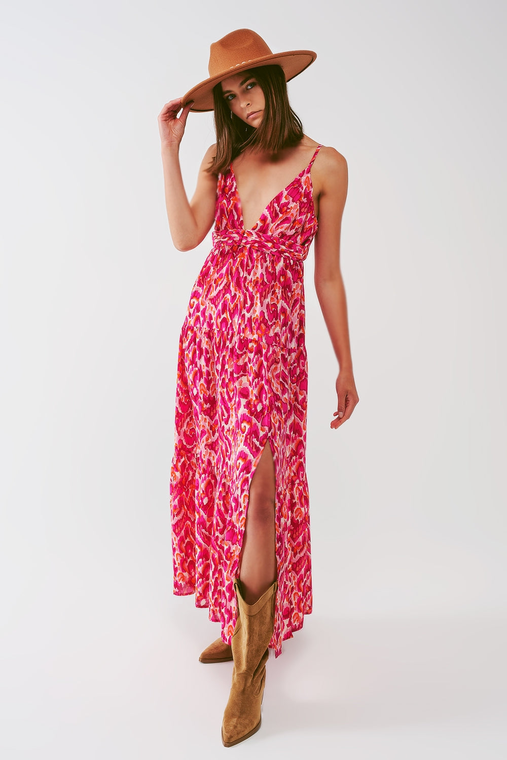 Floral Print Maxi Dress with V neck in Pink Q2 Dresses BoutiqueLua