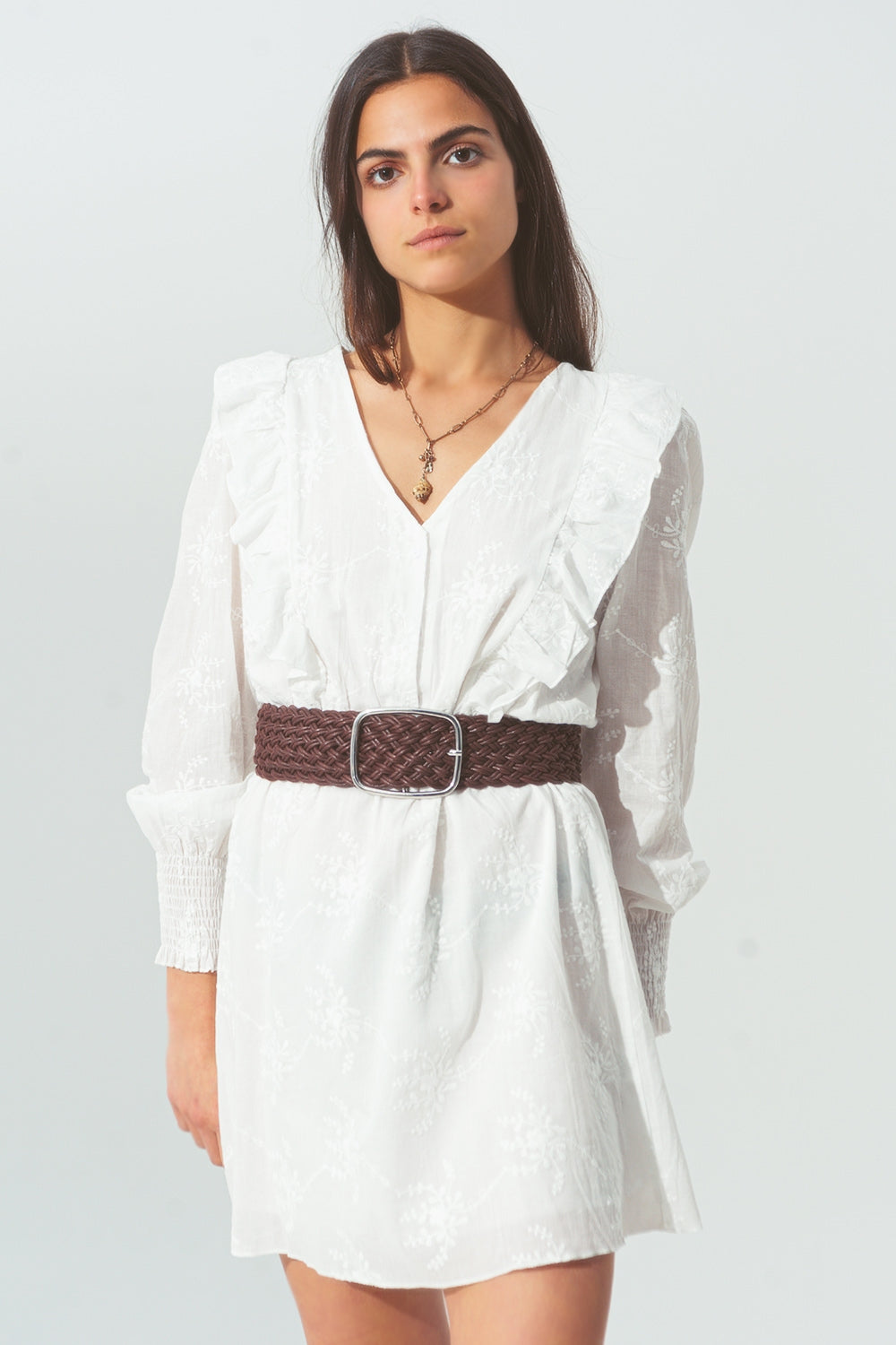 Floral Ruffle Mini Dress in White Q2 Dresses BoutiqueLua