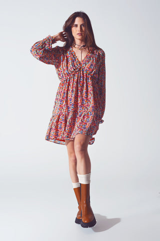Floral V Neck Mini Dress in Multicolour