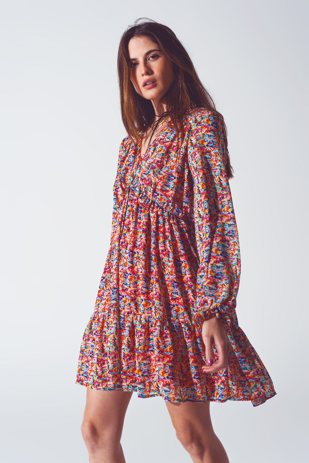 Floral V Neck Mini Dress in Multicolour Q2 Dresses BoutiqueLua