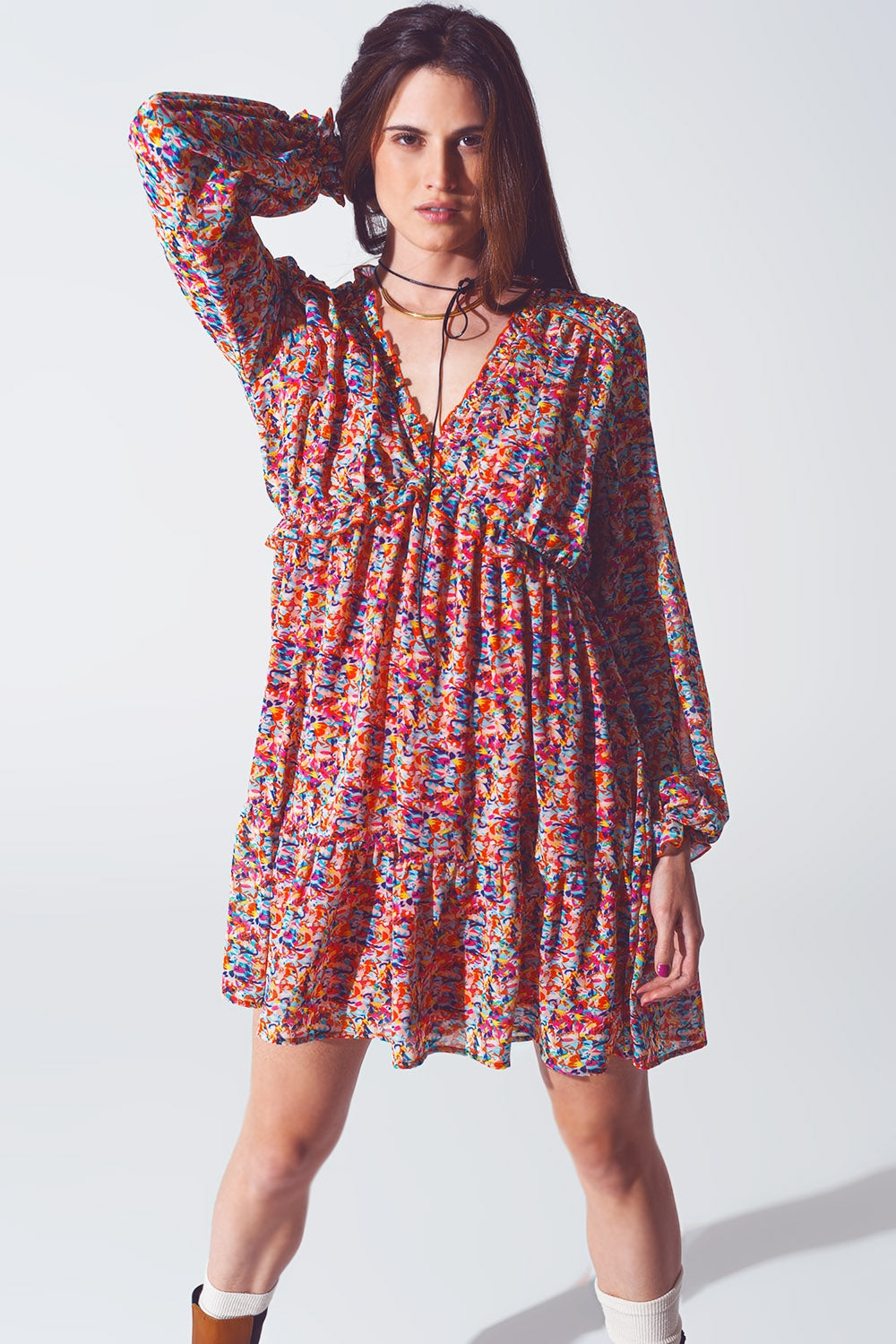Floral V Neck Mini Dress in Multicolour Q2 Dresses BoutiqueLua