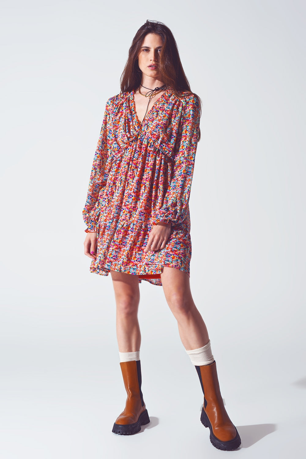Floral V Neck Mini Dress in Multicolour Q2 Dresses BoutiqueLua