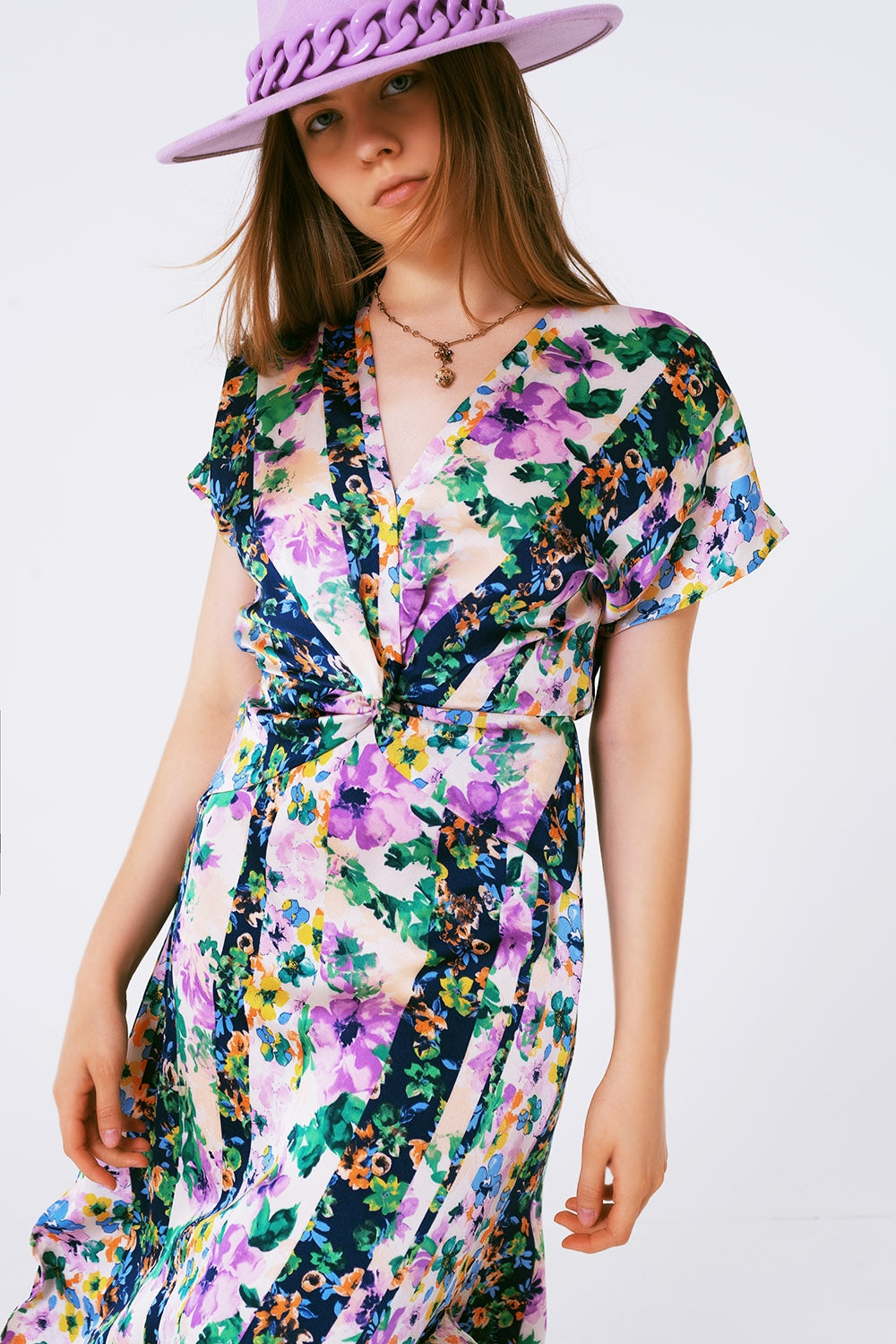 Flower Print Front Knot Maxi Dress in Purple and Green Multicolour Q2 Dresses BoutiqueLua