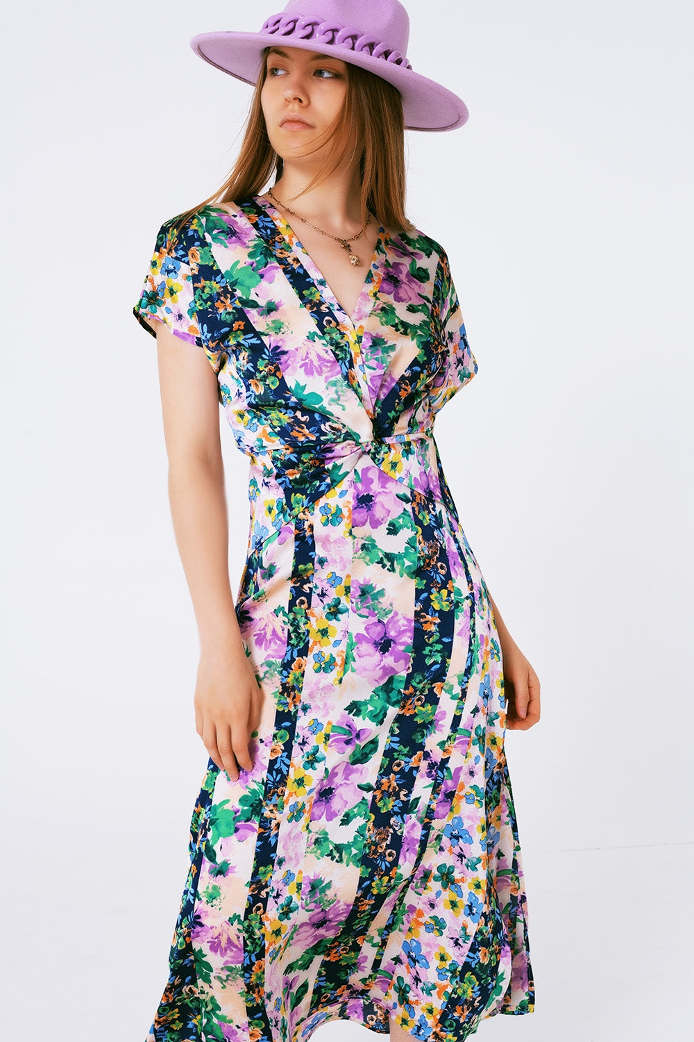 Flower Print Front Knot Maxi Dress in Purple and Green Multicolour Q2 Dresses BoutiqueLua