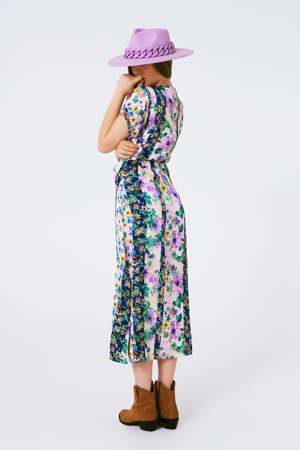 Flower Print Front Knot Maxi Dress in Purple and Green Multicolour Q2 Dresses BoutiqueLua