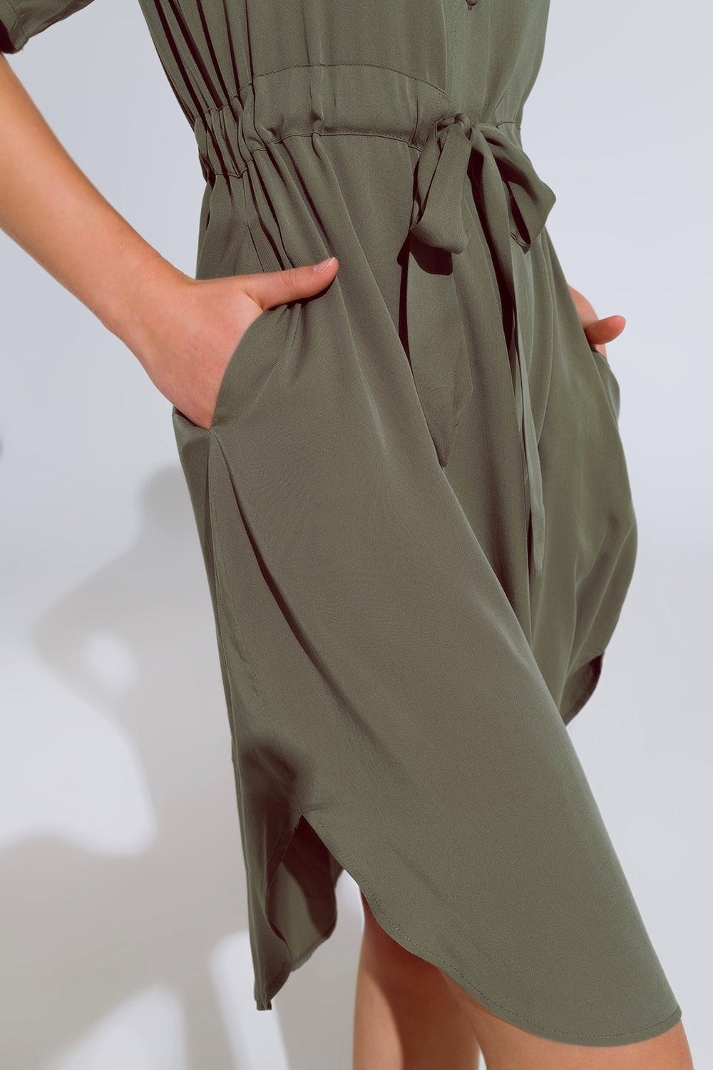 Flowy Button Up Dress With Belt And Side Pockets - Dresses